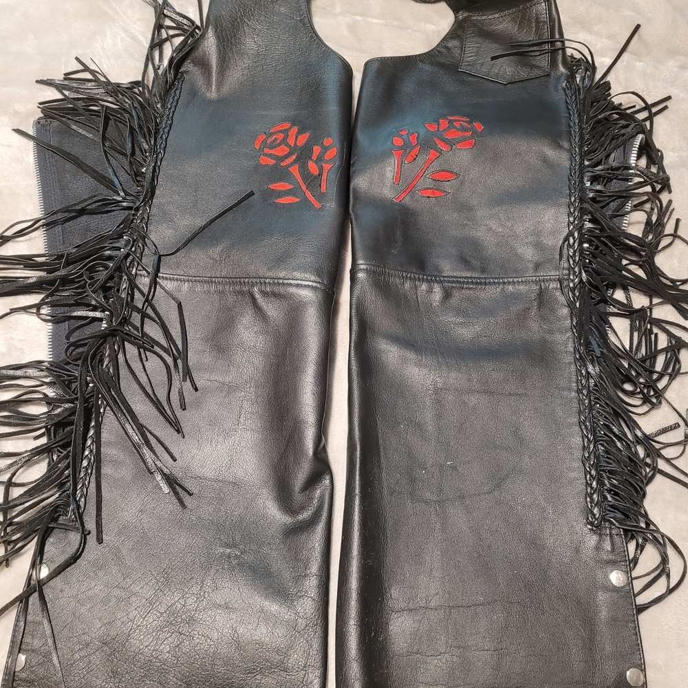Black Leather Fringed Chaps with Red Rose Embroidery